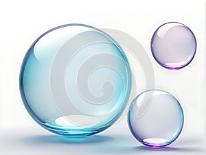 Abstract 3D illustration of pearlescent transparent bubbles of different sizes on a white background isolated