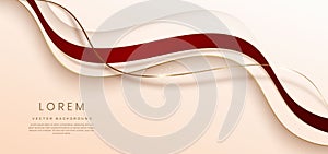 Abstract 3d light brown background with red ribbon gold lines curved wavy sparkle with copy space for text. Luxury style template