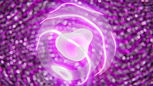 Abstract 3D looped background. Morping pink blob with purple wavy neon energy hoops and blurred bokeh glitter