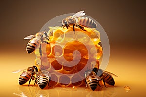 Abstract 3D macro image of a honeycomb. Close-up of a wax honeycomb filled with honey and working bees. Artistic
