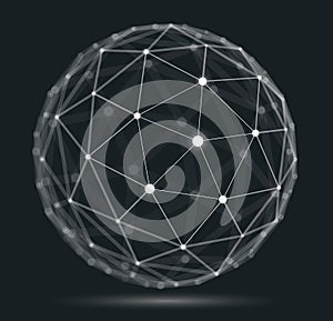 Abstract 3D mesh sphere vector illustration, dots connected with lines technology polygonal object, dynamic tech and science