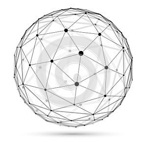 Abstract 3D mesh sphere vector illustration, dots connected with lines technology polygonal object isolated on white background,