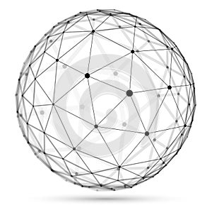 Abstract 3D mesh sphere vector illustration, dots connected with lines technology polygonal object isolated on white background,