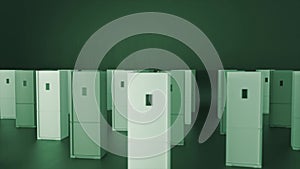 Abstract 3d models of a modern refrigerator with electronic panel rotating on dark green black background. Animation. 3D