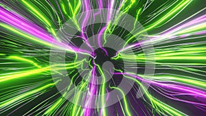 Abstract 3D neon background illustration. Purple and green energy electricity cables. Streams of colorful data
