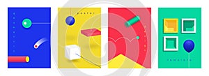 Abstract 3D posters. Isometric futuristic technology banners with geometric gradient shapes. Vector trendy modern