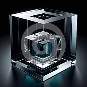 Abstract 3d render glass cube in the black background