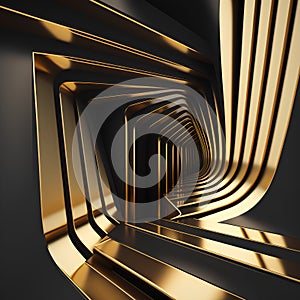 Abstract 3d render of golden metal tunnel. Futuristic background.