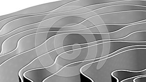Abstract 3D render gray splines rows light and shadow curves flowing motion movement surface texture waves background.