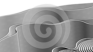 Abstract 3D render gray splines rows light and shadow curves flowing motion movement surface texture waves background.