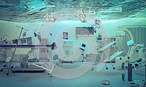 Abstract 3d render image of an operating room of a flooded hospital