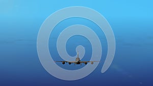 Abstract 3d render of passenger plane flying in a blue sky.