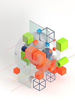 Abstract 3d render visualization background, template modern composition of geometric shapes in isometric . Cube, sphere