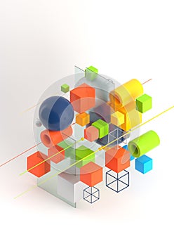 Abstract 3d render visualization background, template modern composition of geometric shapes in isometric . Cube, sphere