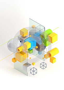 Abstract 3d render visualization background, template modern composition of geometric shapes in isometric . Cube, sphere