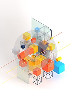 Abstract 3d render visualization background, template modern composition of geometric shapes in isometric . Cube, sphere