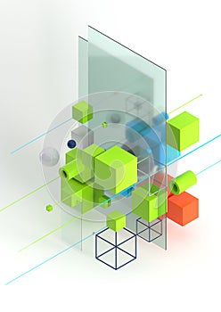 Abstract 3d render visualization background, template modern composition of geometric shapes in isometric . Cube, sphere