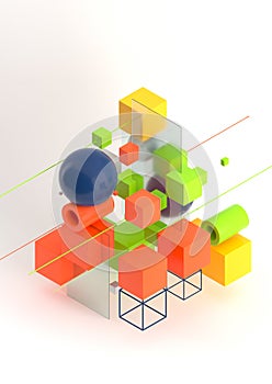 Abstract 3d render visualization background, template modern composition of geometric shapes in isometric . Cube, sphere