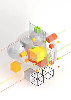 Abstract 3d render visualization background, template modern composition of geometric shapes in isometric . Cube, sphere