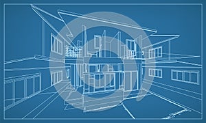 Abstract 3D rendering of building wireframe structure. Vector.