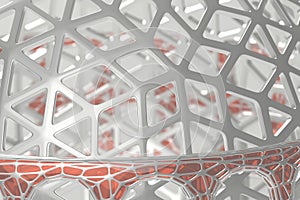 Abstract 3d rendering concept of high poly architecture with steel and glass, chaotic mesh grid cellular mulecular