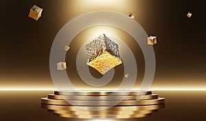 Abstract 3d rendering of golden cubes suspended in the air