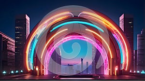 Abstract 3D rendering illustration of futuristic tunnel with glowing lights in the city at night