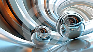 Abstract 3D rendering of metallic spirals and reflective spheres