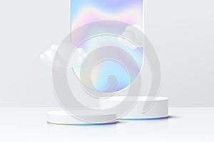 Abstract 3D room with realistic white cylinder pedestal podium set and cloud in arch shape hologram window. Minimal scene for