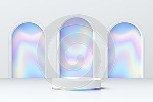 Abstract 3D room with realistic white cylinder podium and blue hologram in arch shape window. Minimal scene for product