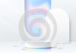 Abstract 3D room realistic white podium, blue hologram in arch shape window. For mockup display