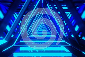 Abstract 3D space background Sci-Fi with a perspective of tunnel triangles neon light