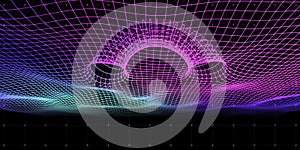 Abstract 3d surface wave with holes of tunnel. Futuristic digital wireframe style. Wave grid with wormhole on dark background