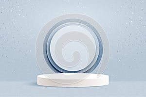 Abstract 3d white cylinder pedestal podium and circle frame. Minimal winter scene for product display presentation. Vector