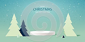Abstract 3d white cylinder pedestal podium and pine trees on geometric background. Minimal winter scene for Merry Christmas and