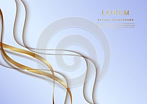 Abstract 3d white and gold curved ribbon on light blue background with lighting effect and sparkle with copy space for text.