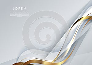Abstract 3d white and gold curved ribbon on light blue background with lighting effect and sparkle with copy space for text