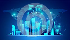 Abstract 5G hologram network wireless internet Wi-fi connection and internet of things on city background Smart city and