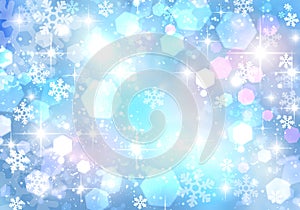 Festive winter blue bokeh background, glitter, sparkles, pink, white, Shine, stars, snowflakes, abstraction