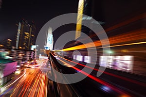 Abstract acceleration speed motion light Blur from Sky Train at night