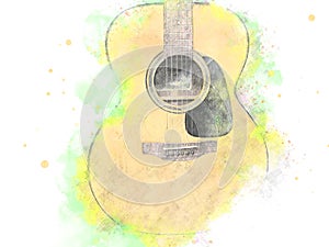 Abstract Acoustic Guitar Close up on Watercolor painting background.