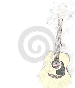 Abstract Acoustic Guitar Close up on Watercolor painting background.