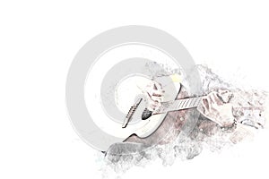 Abstract Acoustic Guitar Close up on Watercolor painting background.