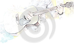 Abstract Acoustic Guitar Close up on Watercolor painting background.