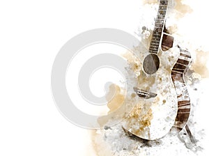 Abstract Acoustic Guitar in the foreground Close up on Watercolor painting background.