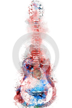 Abstract acoustic guitar watercolor painting background.