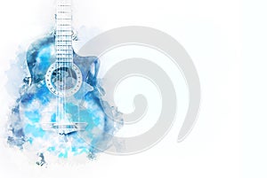 Abstract acoustic guitar watercolor painting background.