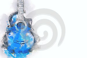 Abstract acoustic guitar watercolor painting background.