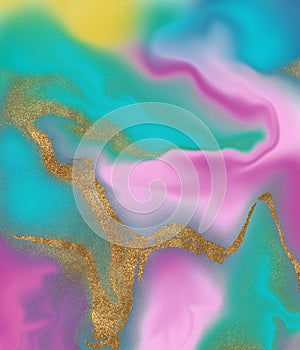Abstract acrylic Liquid marble background, print with turquoise, blue, pink and gold color and gold lines glitter texture. Marbled