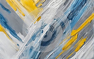 Abstract acrylic paint background in blue, grey, white and yellow tones.